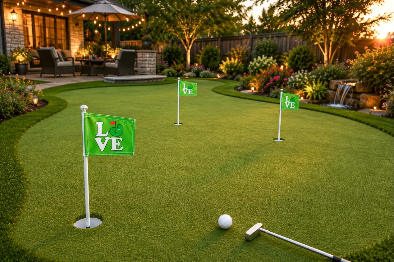 Putting green flags in backyard golf