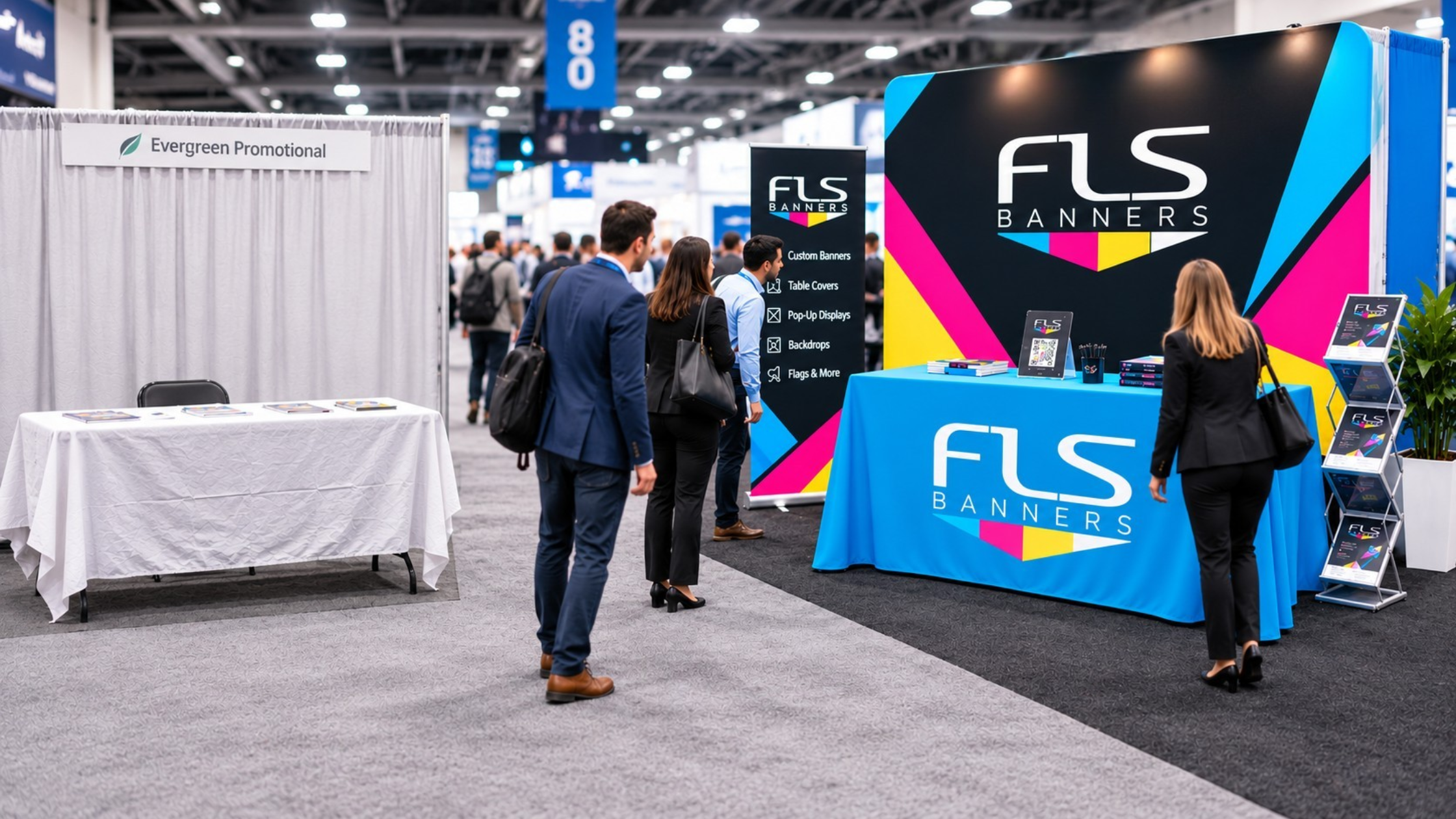 Convention aisle at eye level. A bare folding table with wrinkled linen next to a booth with a fitted cover and bold tension backdrop, with foot traffic bending toward the second one